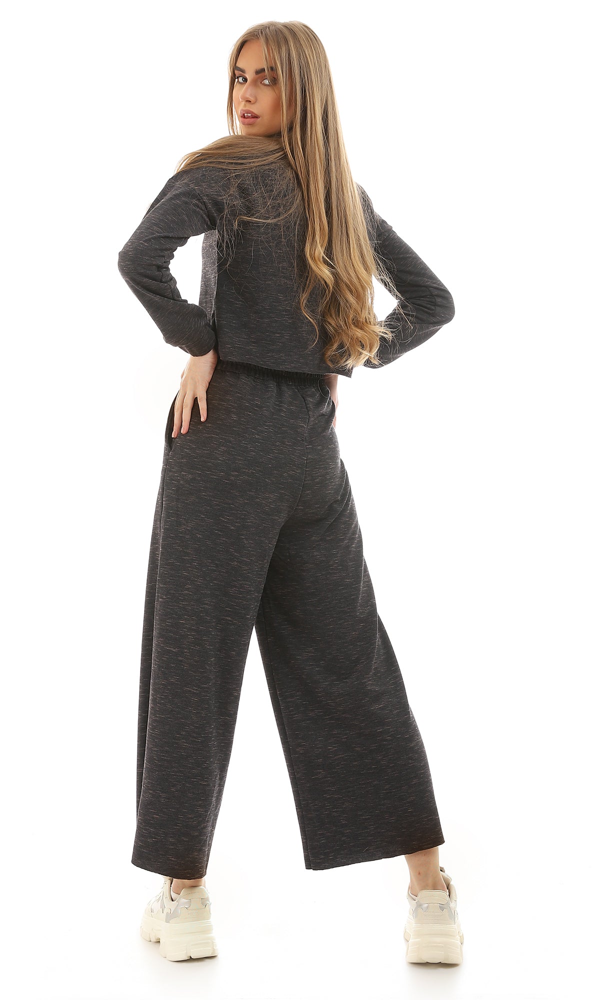 96967 Heather Dark Grey Fleece Crop Top With Elastic Cuffs