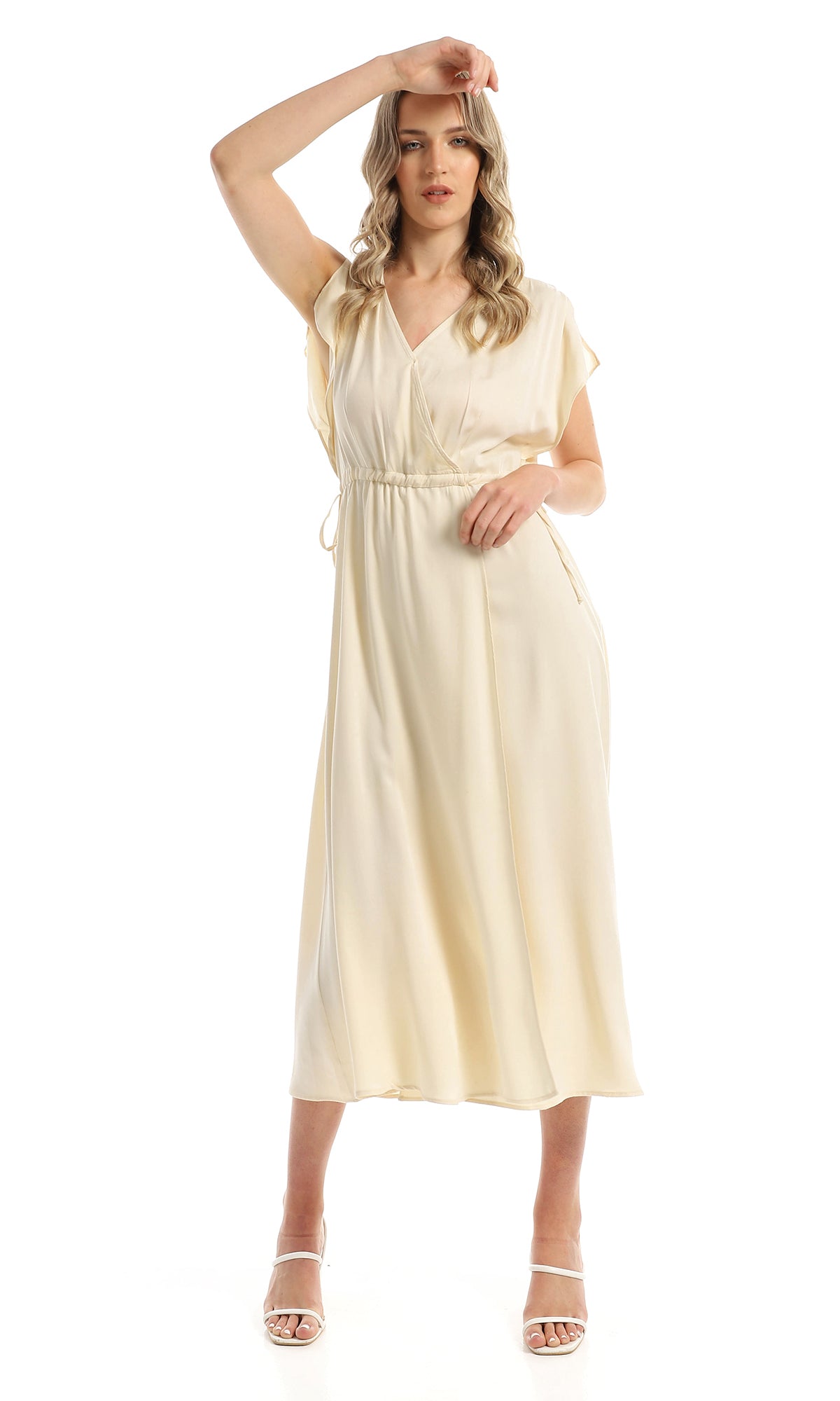 97016 Sleeveless Slip On Solid Cream Long Dress