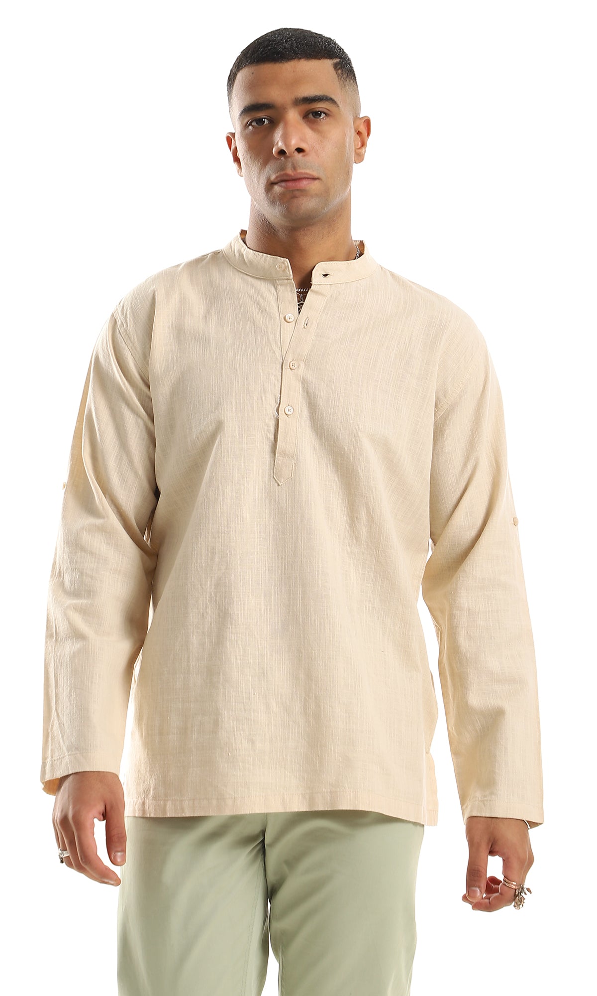 97030 Mandarin Collar Buttoned Long Sleeves Beige Henley Shirt