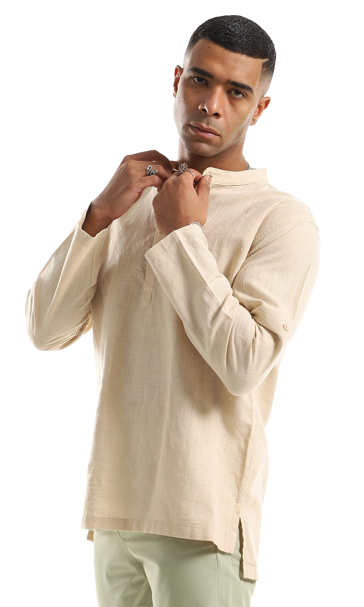 97030 Mandarin Collar Buttoned Long Sleeves Beige Henley Shirt