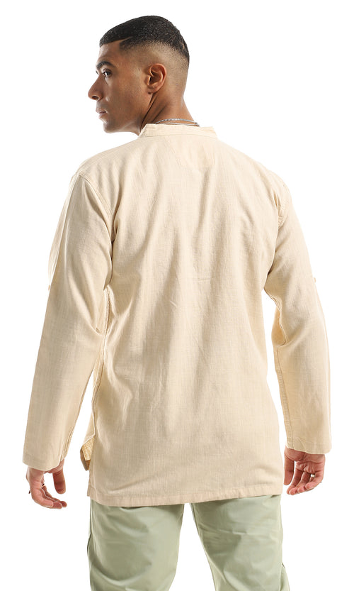 97030 Mandarin Collar Buttoned Long Sleeves Beige Henley Shirt