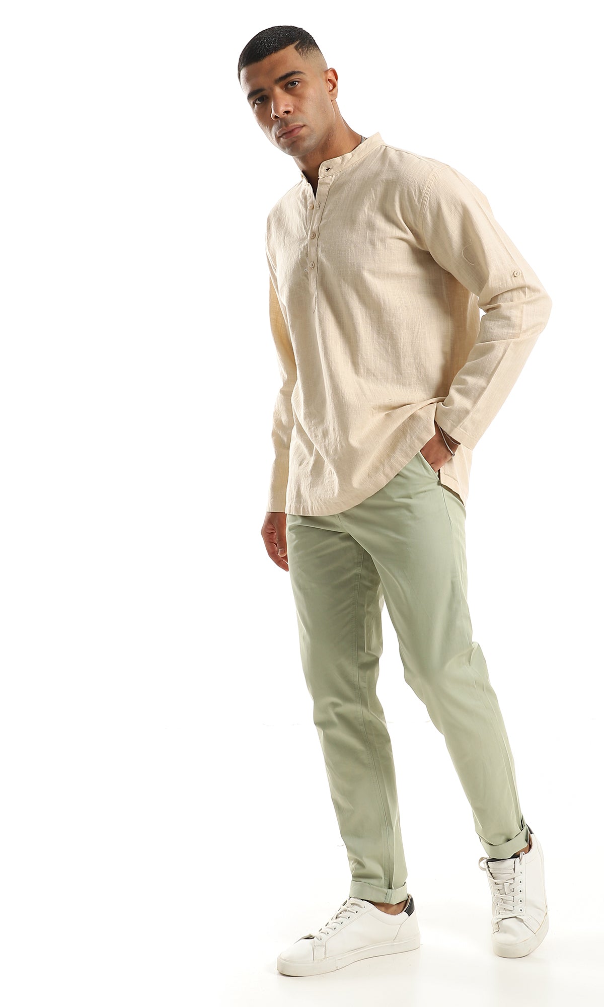 97030 Mandarin Collar Buttoned Long Sleeves Beige Henley Shirt