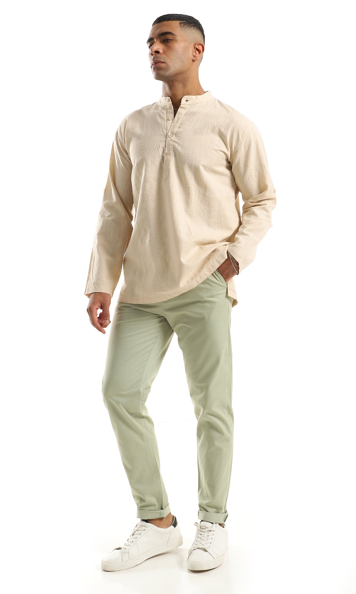 97030 Mandarin Collar Buttoned Long Sleeves Beige Henley Shirt