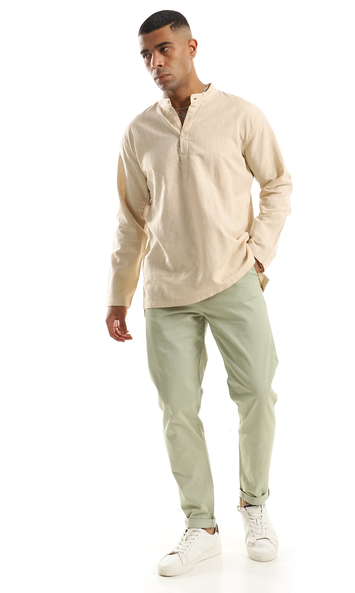 97030 Mandarin Collar Buttoned Long Sleeves Beige Henley Shirt