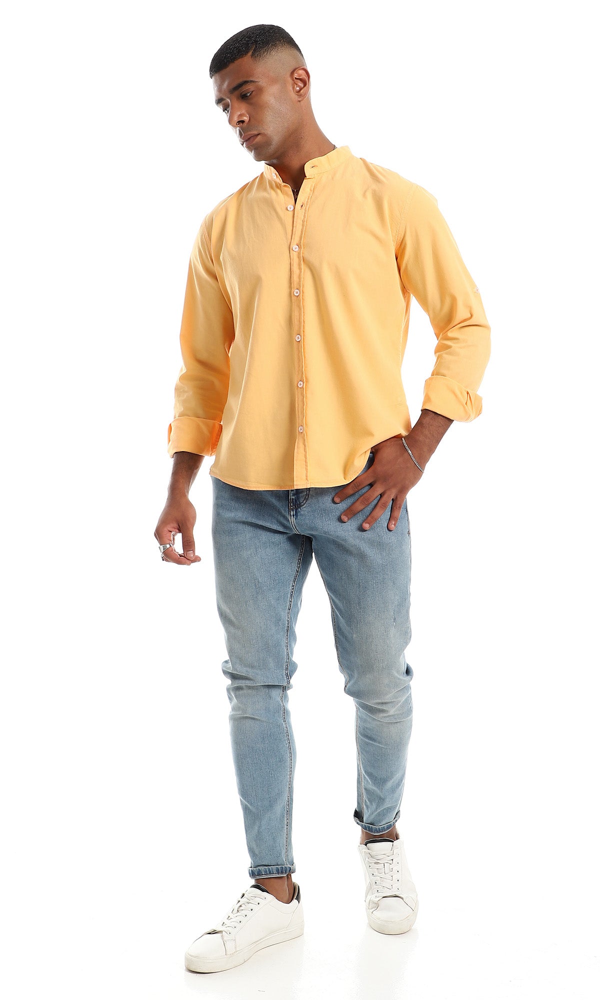 97037 Mandarin Collar Orange Peel Button Down Shirt