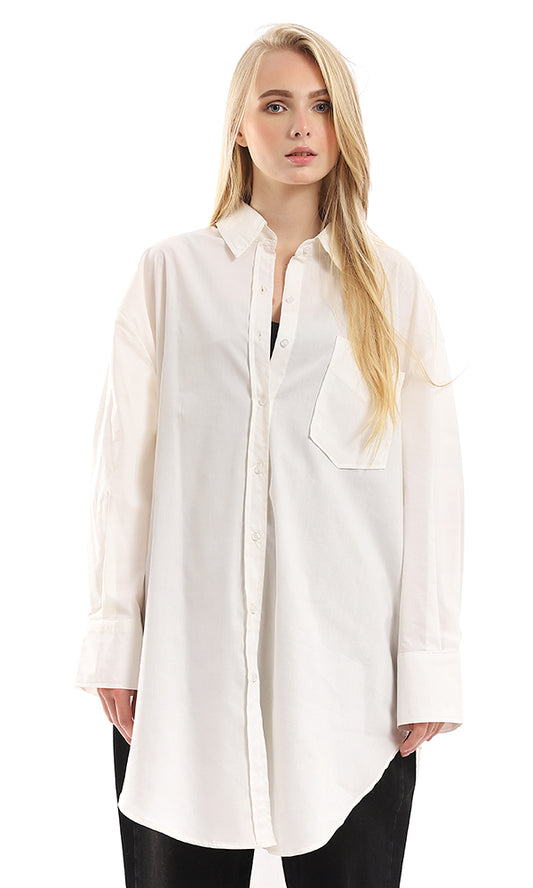 97043 Solid Basic Buttoned Off White Long Shirt