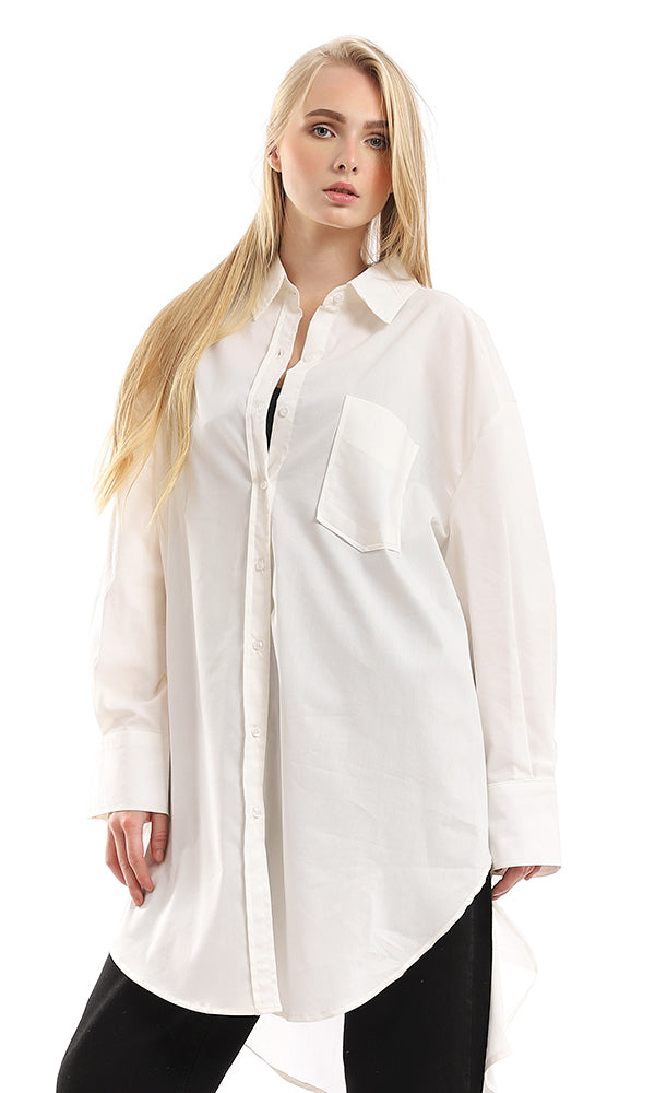 97043 Solid Basic Buttoned Off White Long Shirt