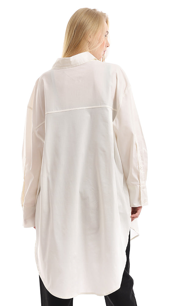 97043 Solid Basic Buttoned Off White Long Shirt