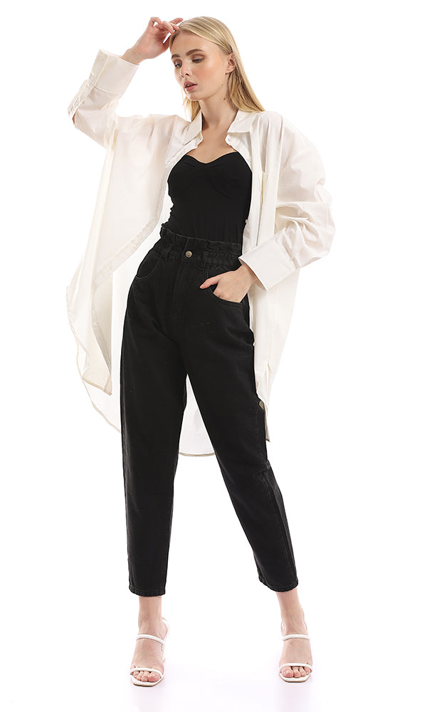 97043 Solid Basic Buttoned Off White Long Shirt