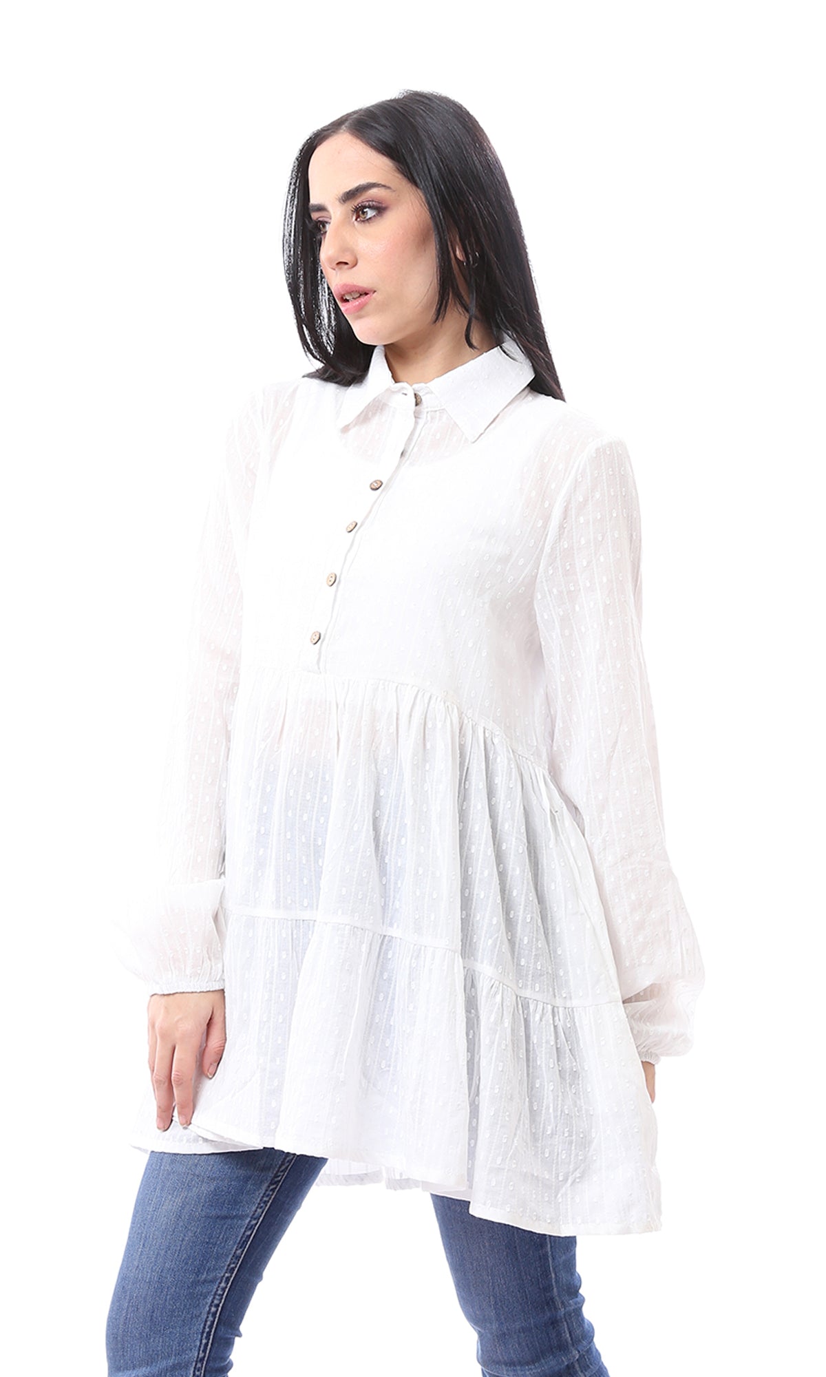 97044 Self Pattern Long Sleeves Buttoned Long Blouse