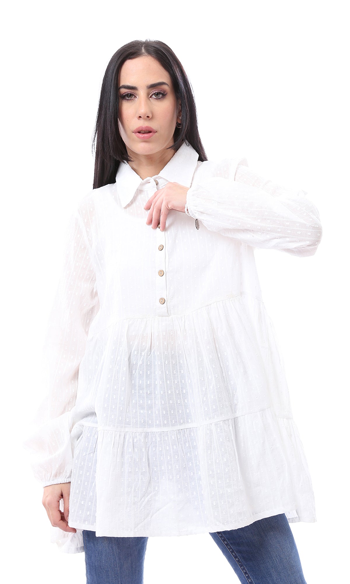 97044 Self Pattern Long Sleeves Buttoned Long Blouse