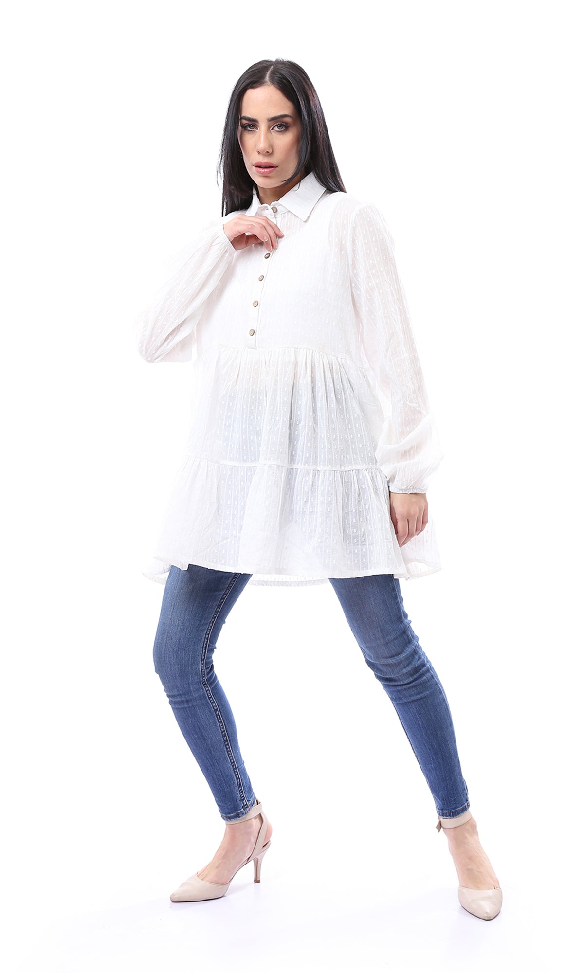 97044 Self Pattern Long Sleeves Buttoned Long Blouse