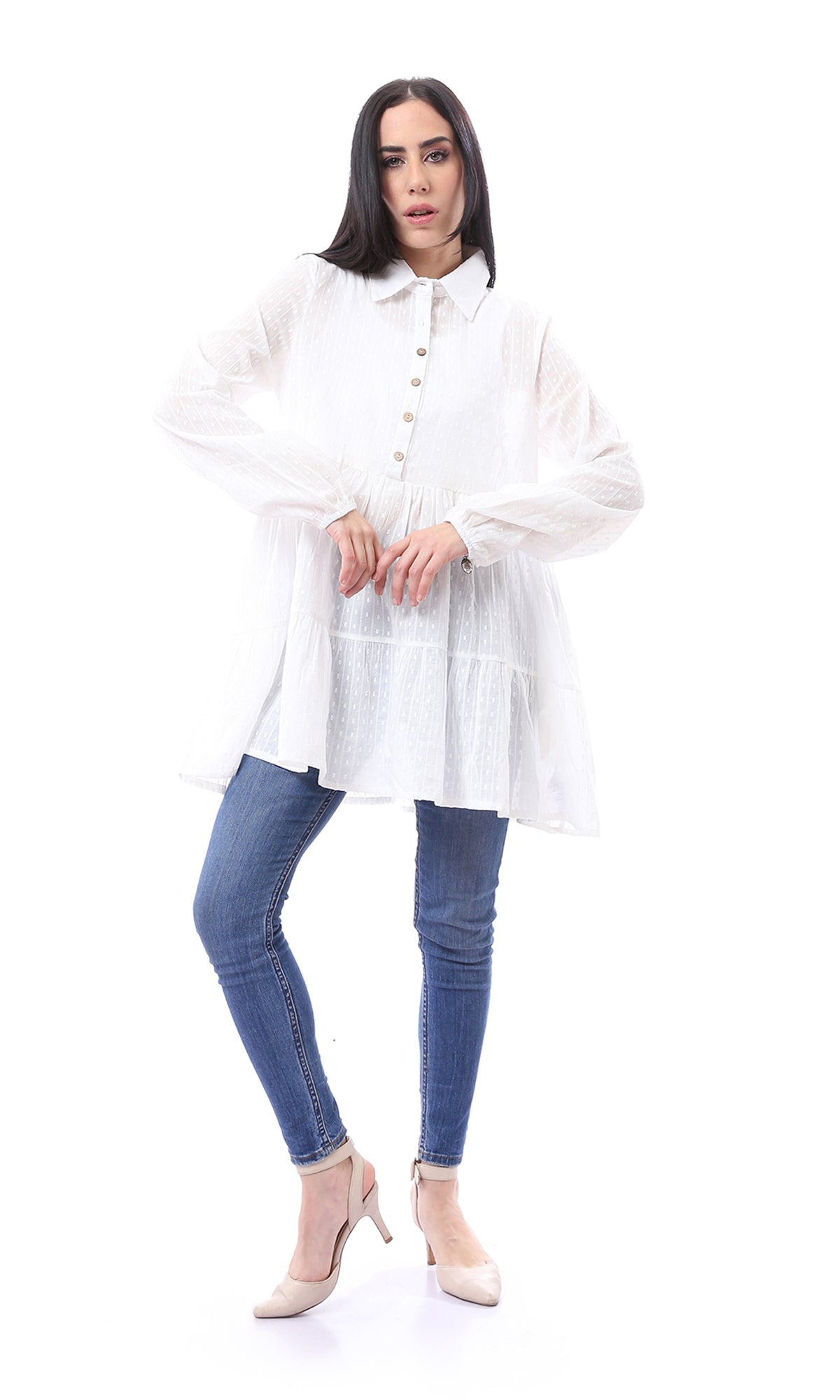 97044 Self Pattern Long Sleeves Buttoned Long Blouse