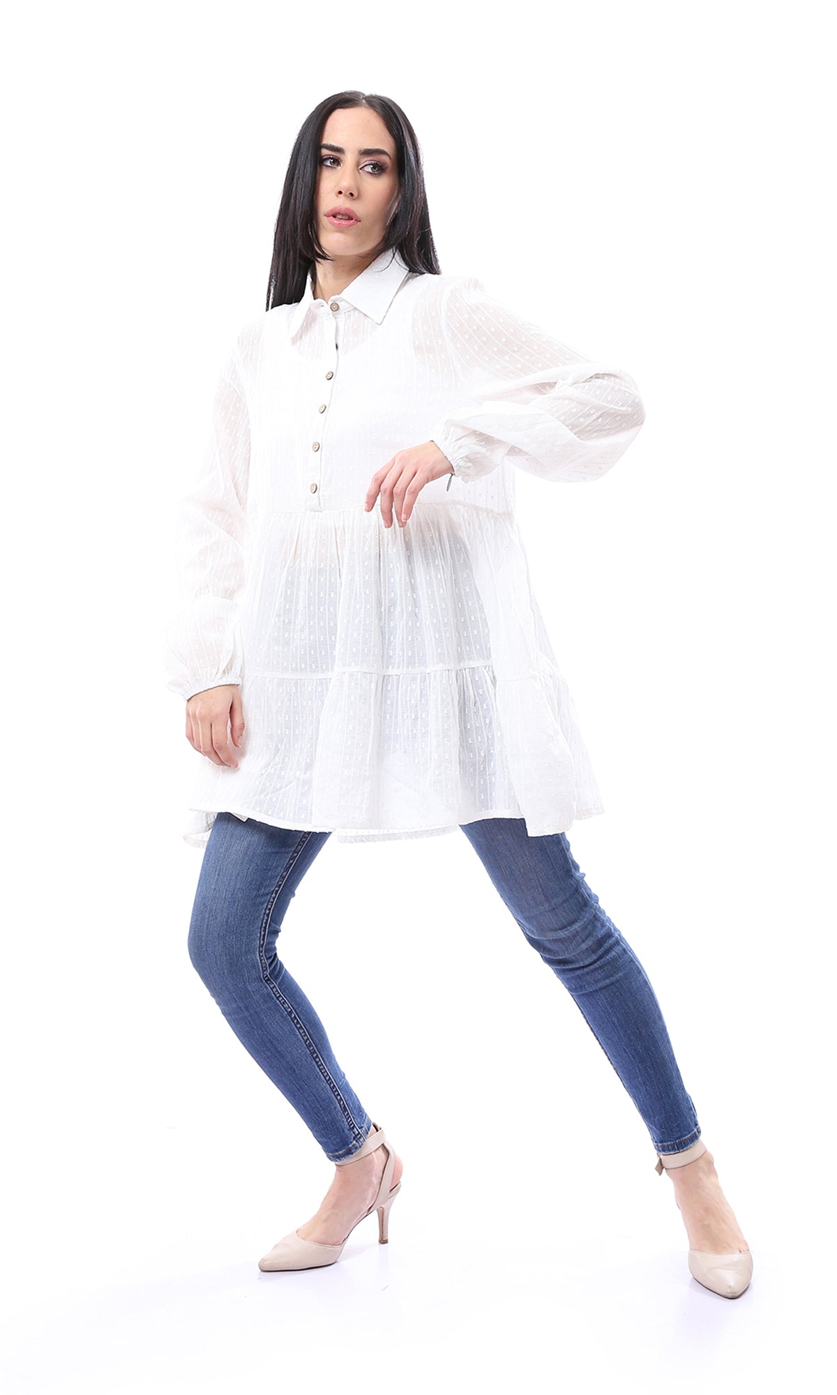 97044 Self Pattern Long Sleeves Buttoned Long Blouse