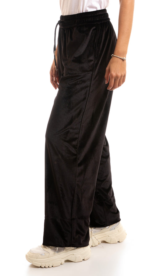 97046 Velvet Elastic Waist Wide Leg Pants - Black