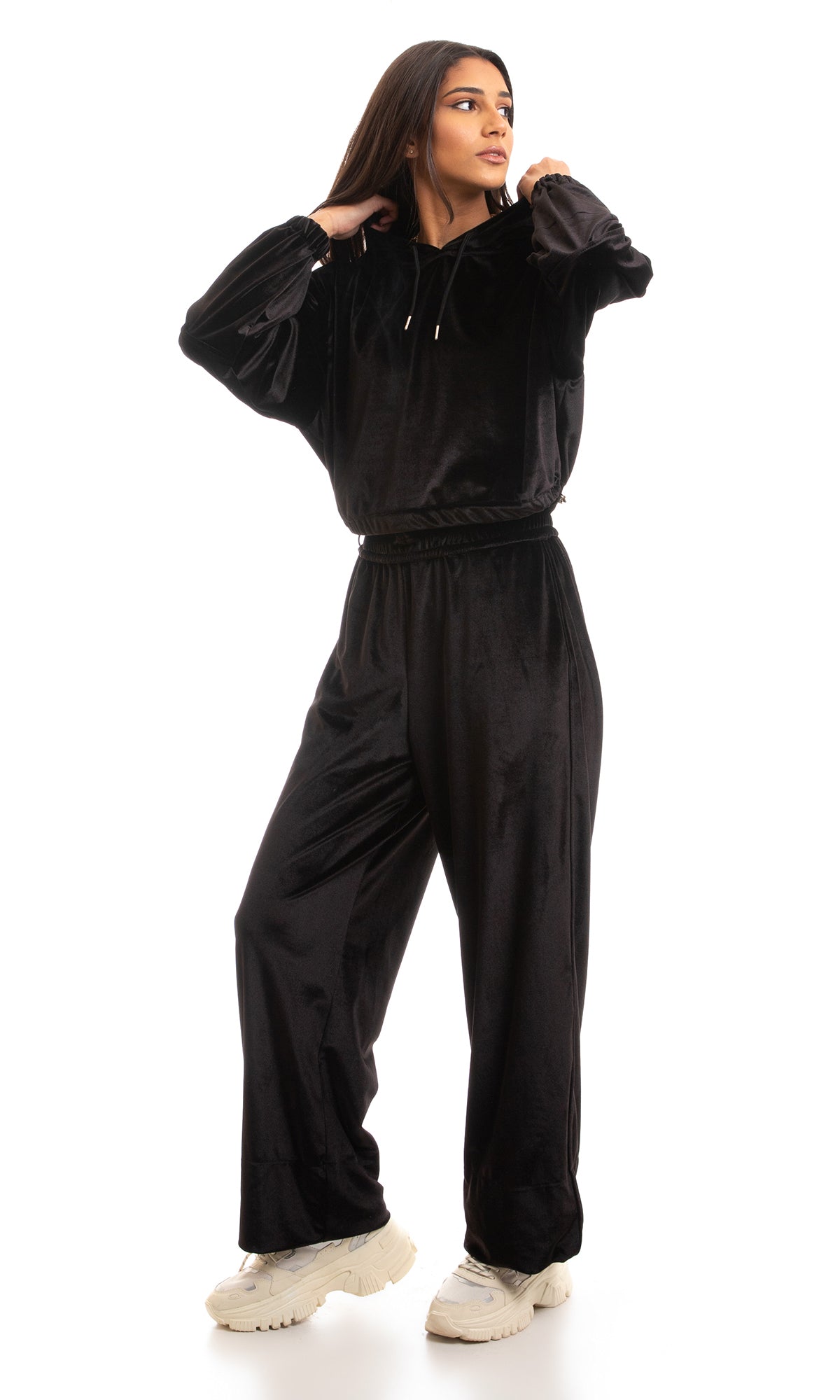 97046 Velvet Elastic Waist Wide Leg Pants - Black