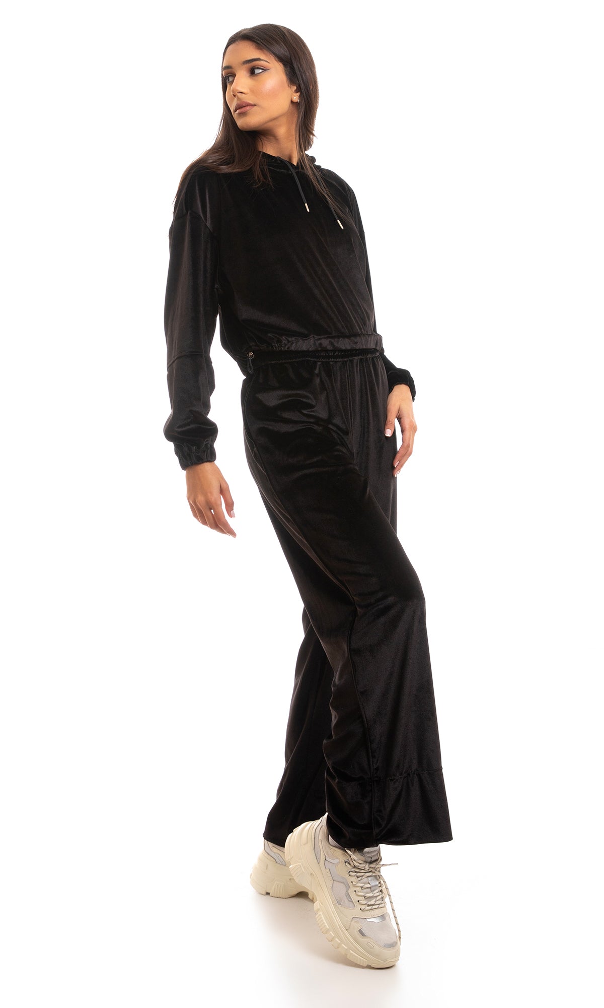 97046 Velvet Elastic Waist Wide Leg Pants - Black