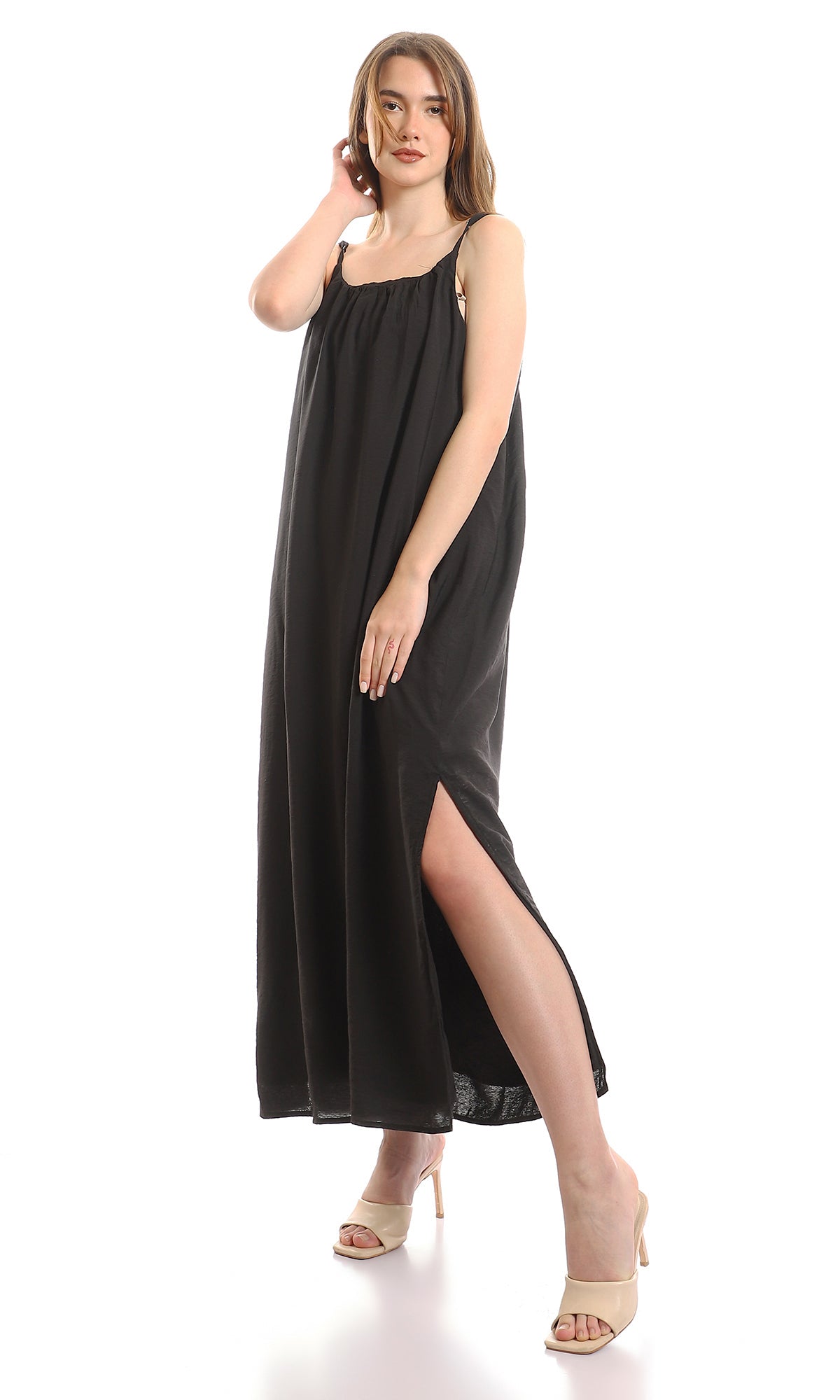 97078 Loose Fit Plain Dress With Side Slits - Black