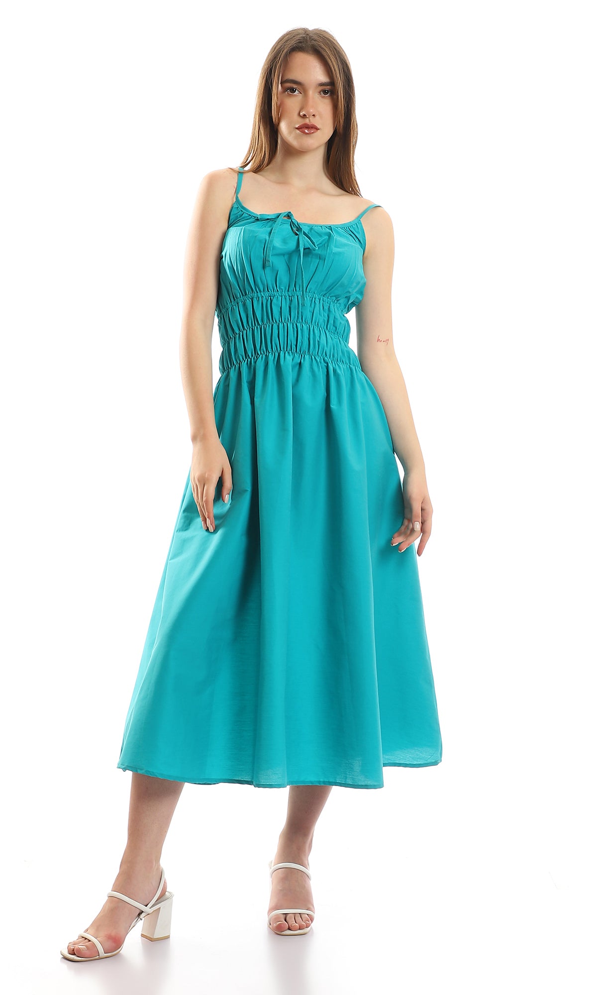 97095 Spaghetti Sleeves Maxi Dress With Elastic Waist - Turquoise