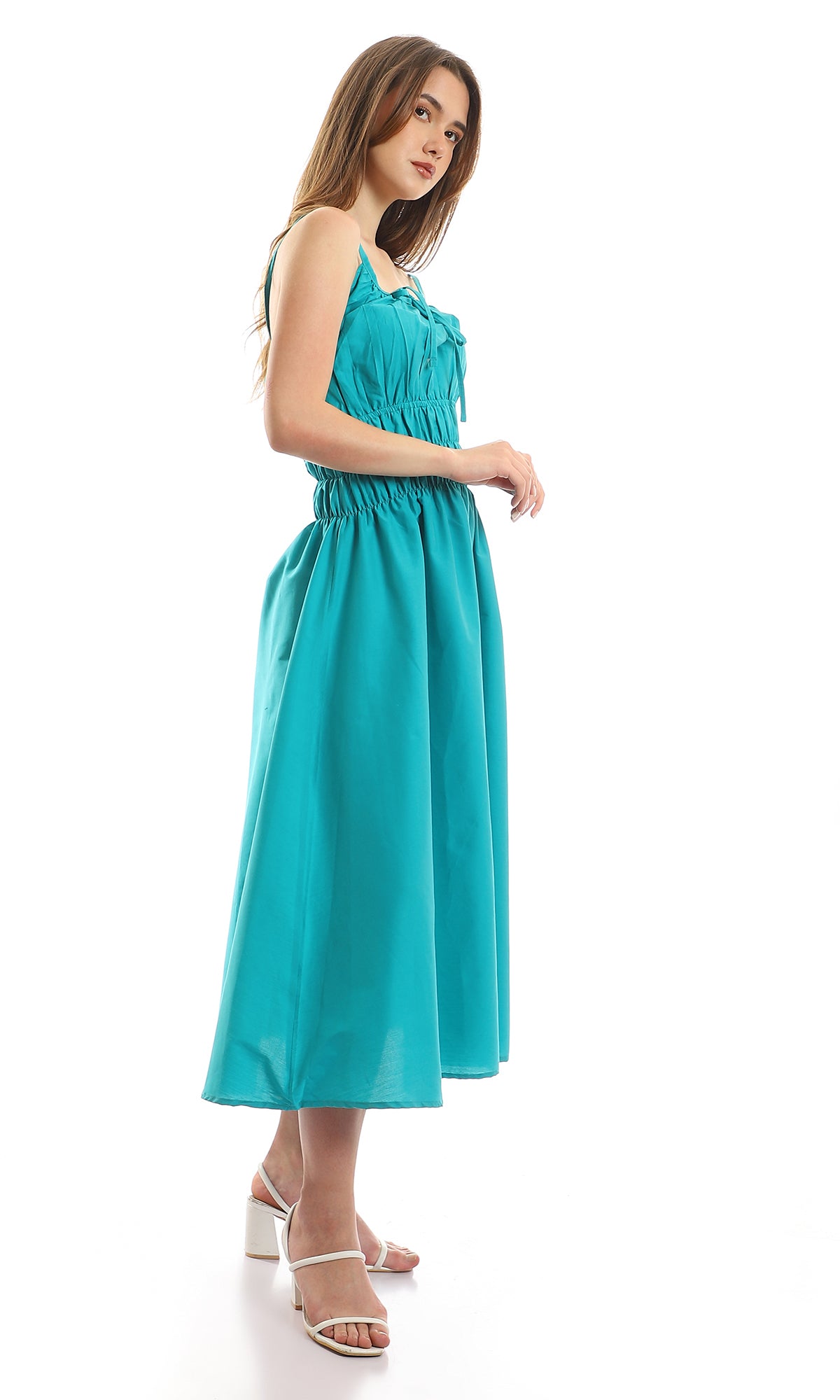 97095 Spaghetti Sleeves Maxi Dress With Elastic Waist - Turquoise