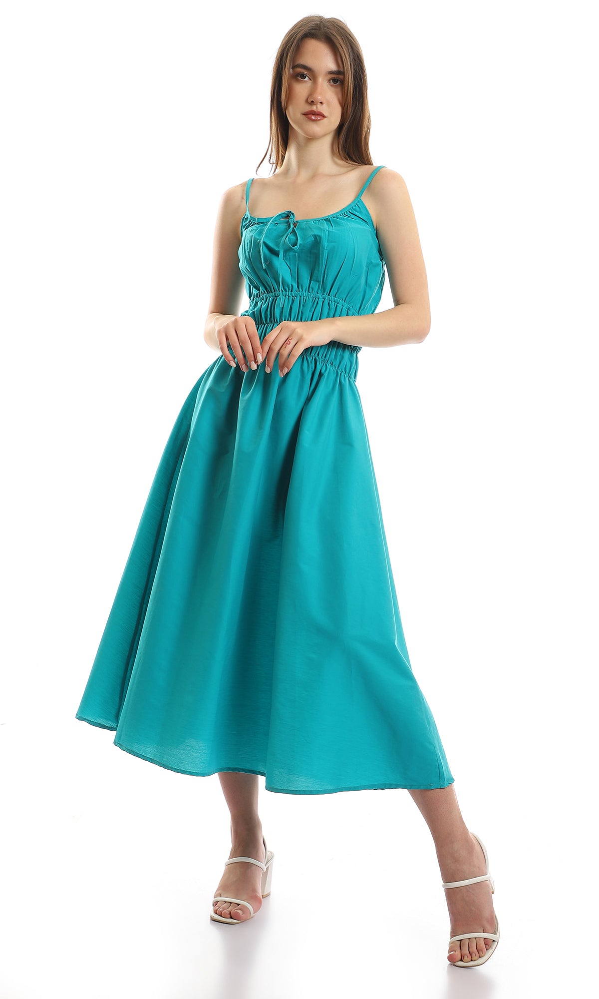 97095 Spaghetti Sleeves Maxi Dress With Elastic Waist - Turquoise