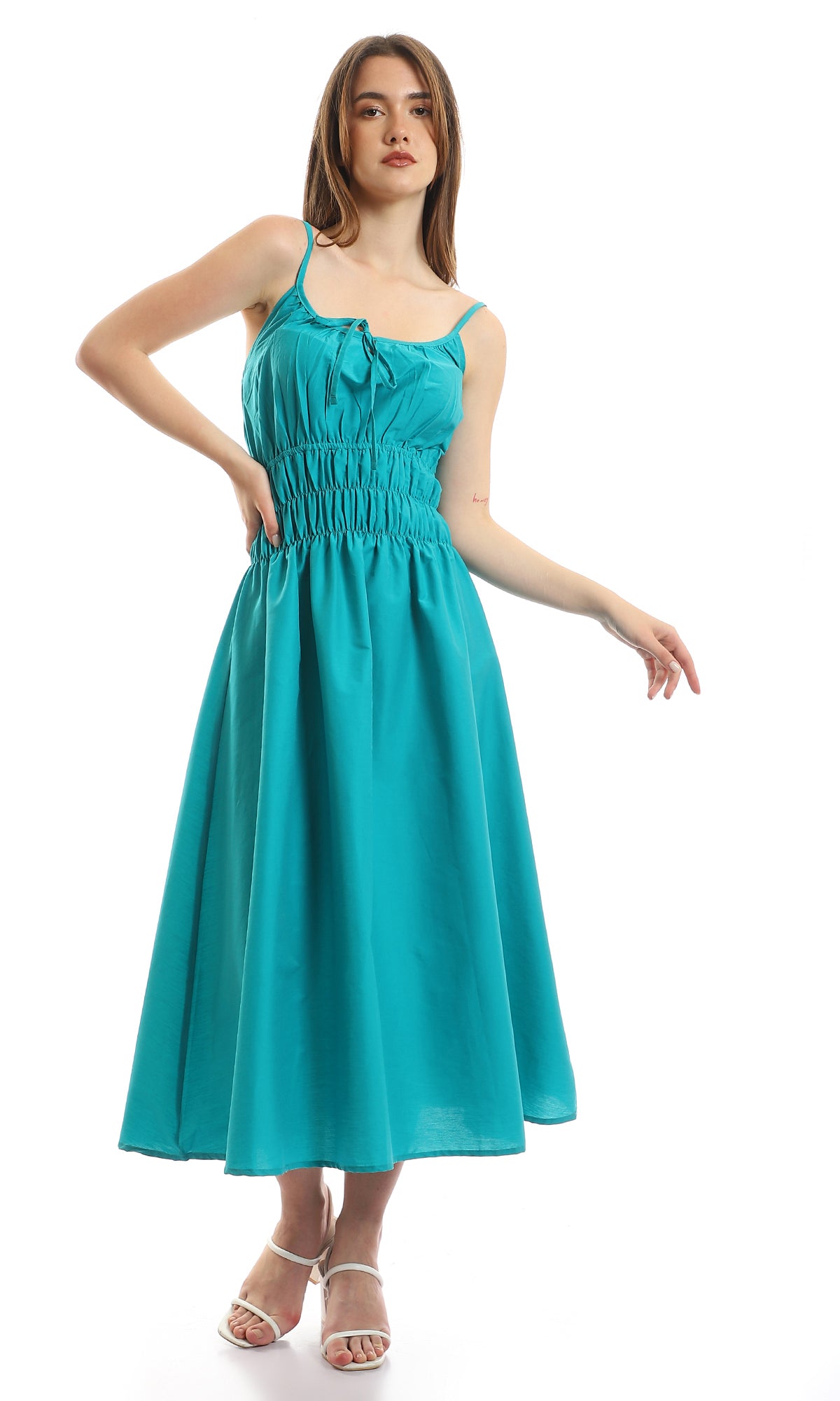 97095 Spaghetti Sleeves Maxi Dress With Elastic Waist - Turquoise