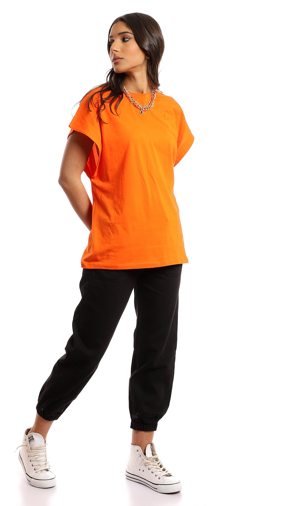 97098 Plain Cap Sleeves Basic T-Shirt - Orange