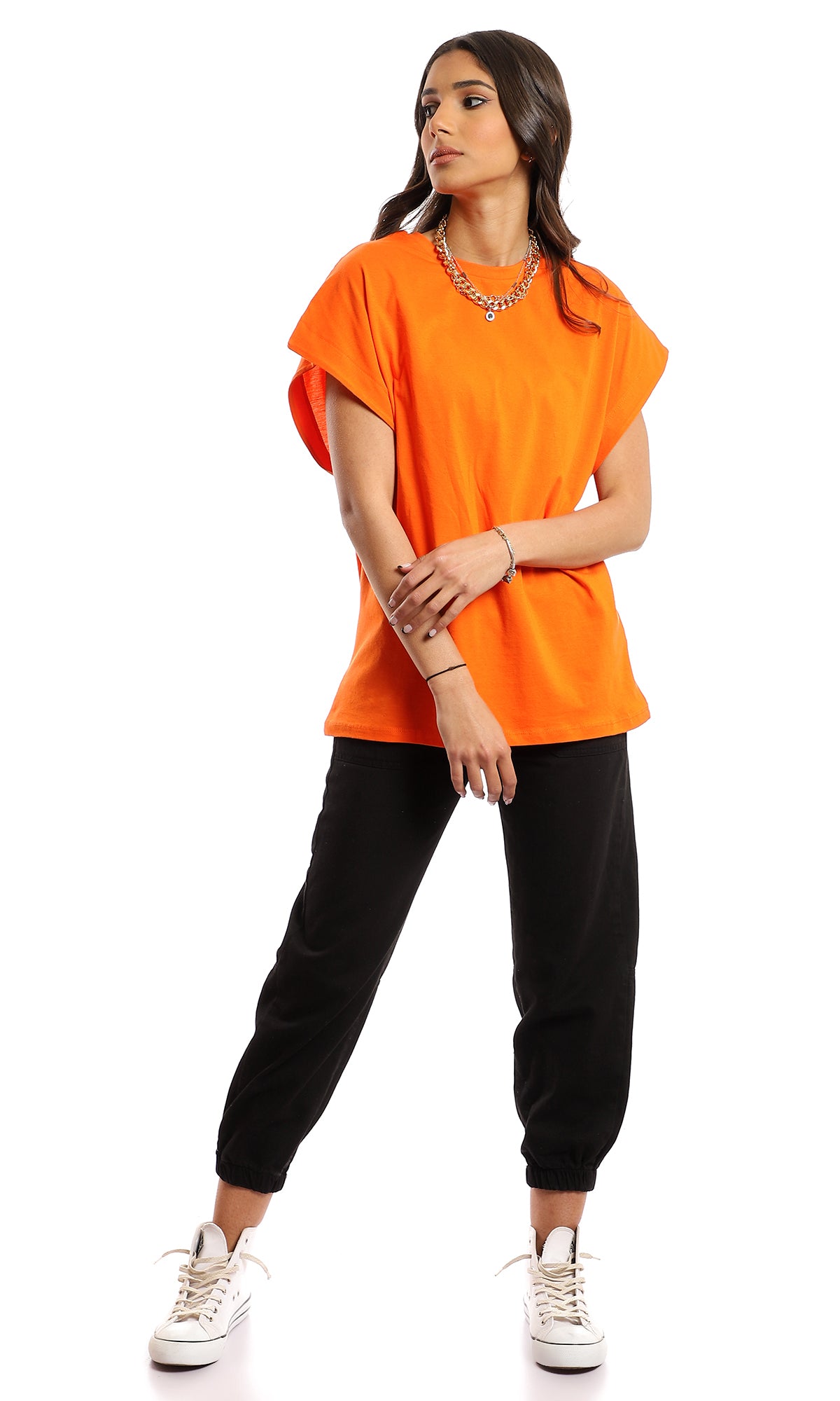 97098 Plain Cap Sleeves Basic T-Shirt - Orange