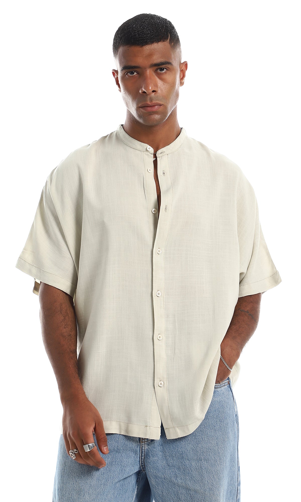 97101 Over-Sized Comfy Short Sleeves Button Down Shirt - Light Beige