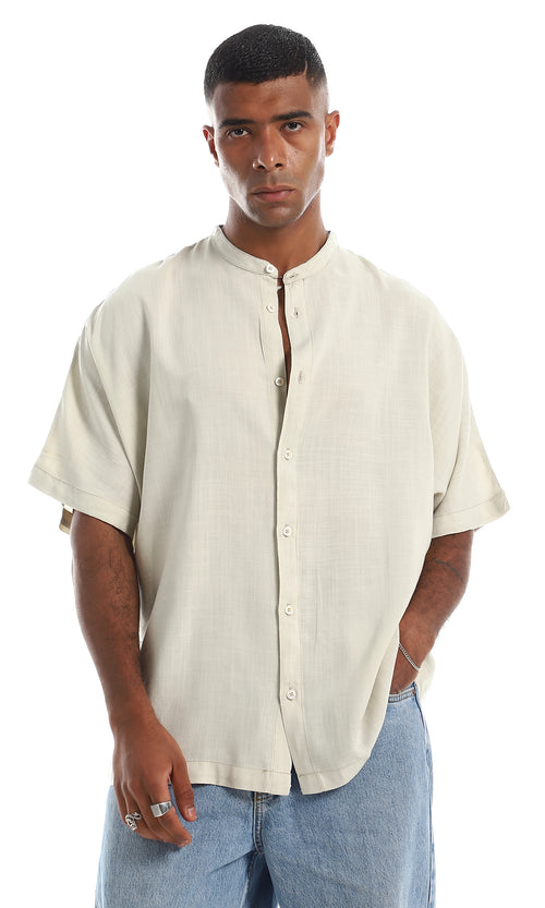 97101 Over-Sized Comfy Short Sleeves Button Down Shirt - Light Beige
