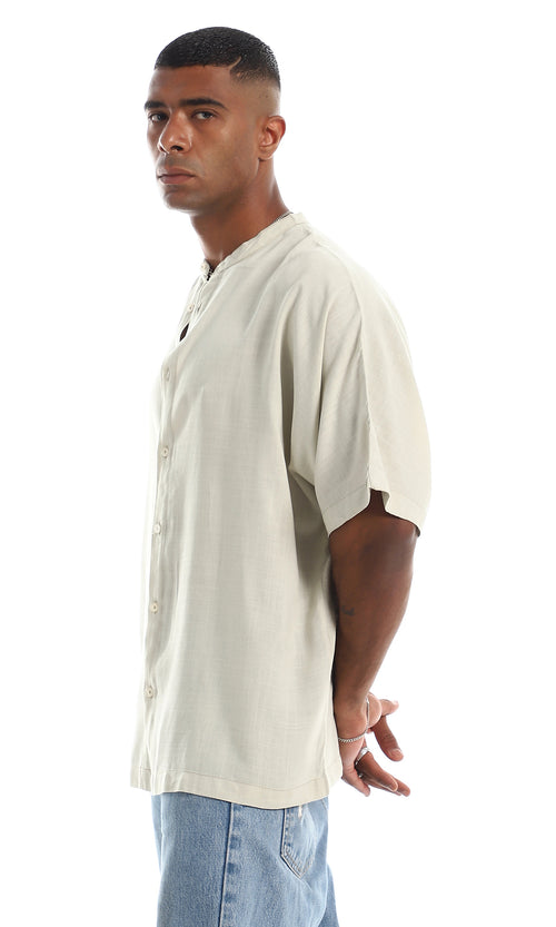 97101 Over-Sized Comfy Short Sleeves Button Down Shirt - Light Beige