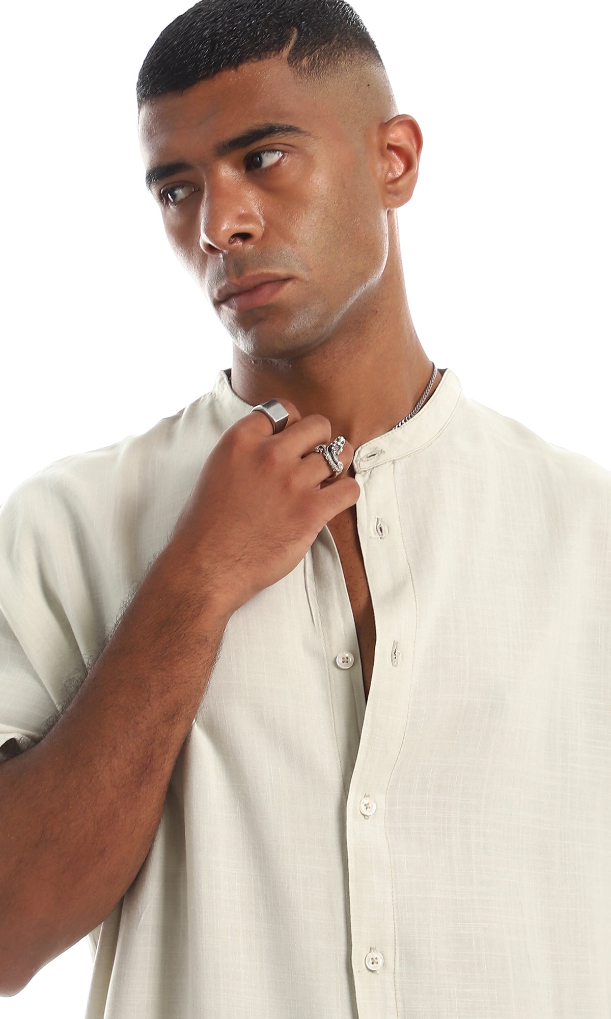 97101 Over-Sized Comfy Short Sleeves Button Down Shirt - Light Beige