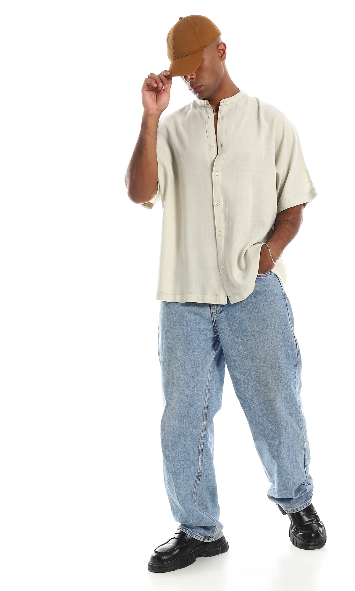97101 Over-Sized Comfy Short Sleeves Button Down Shirt - Light Beige