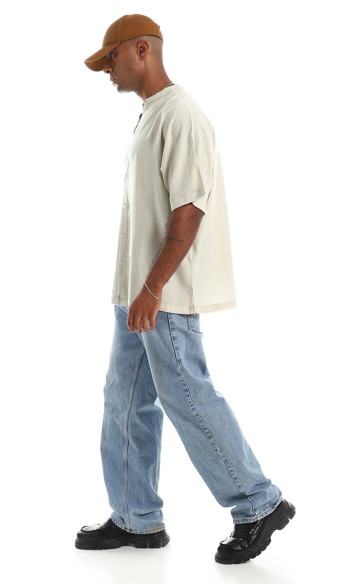 97101 Over-Sized Comfy Short Sleeves Button Down Shirt - Light Beige