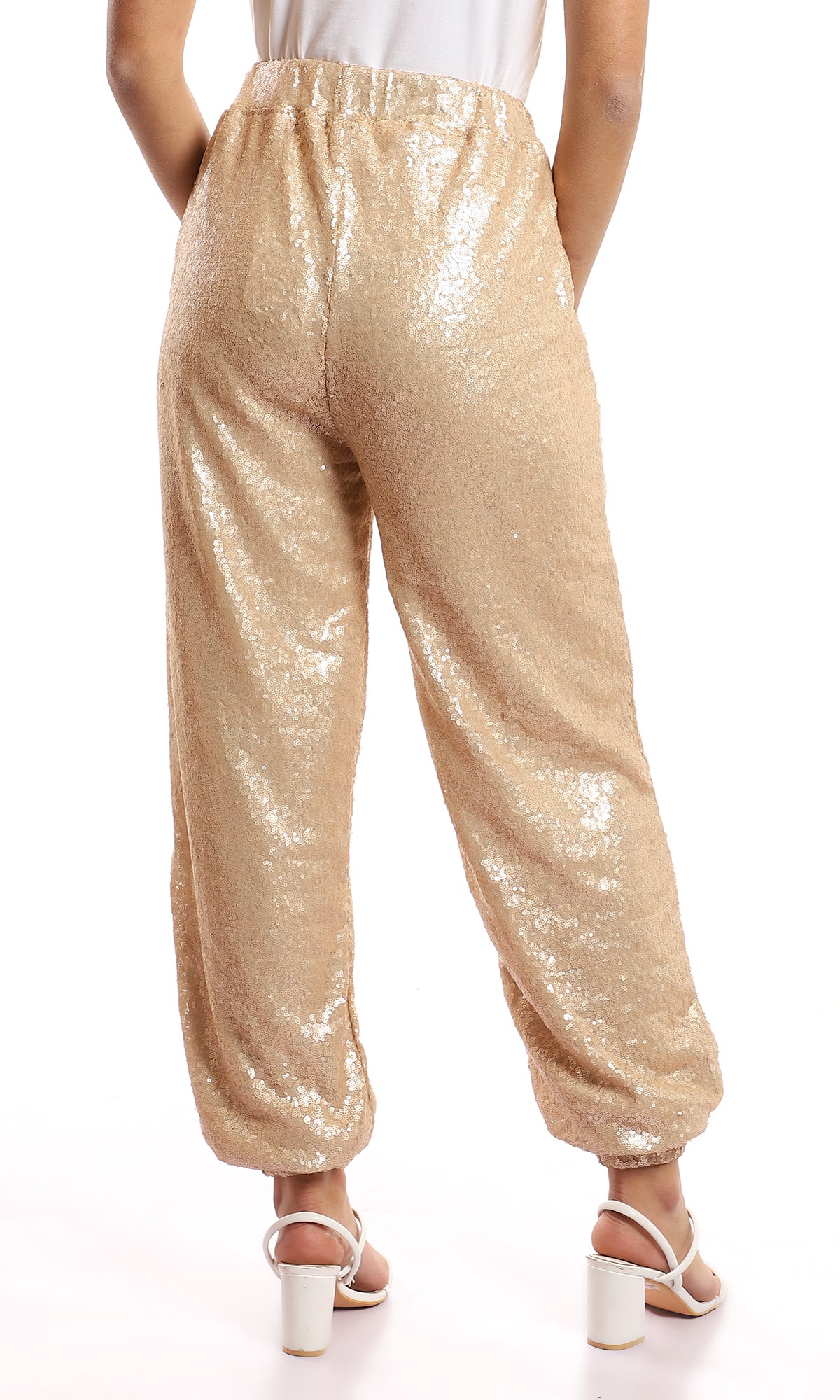 97109 Sequins Elastic Waist Side Pockets Pants - Nude