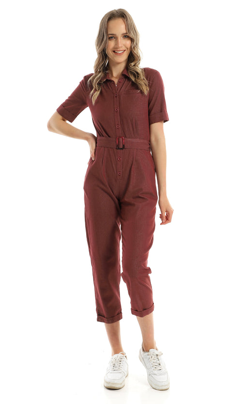 Classic Collar Patterned Burgundy Belted Jumpsuit - 97110