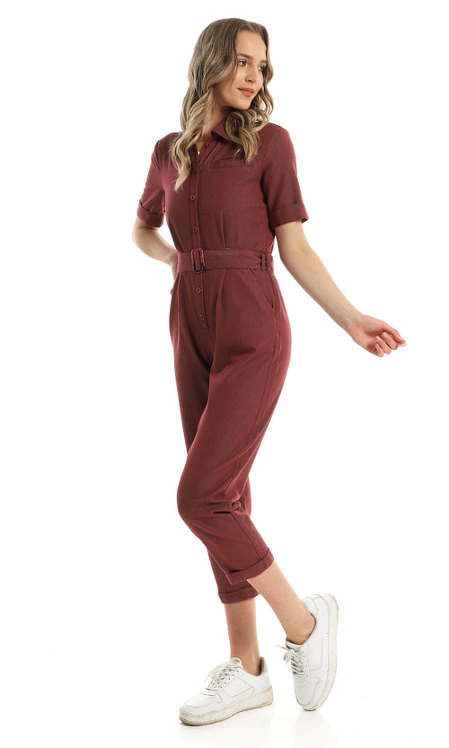 Classic Collar Patterned Burgundy Belted Jumpsuit - 97110