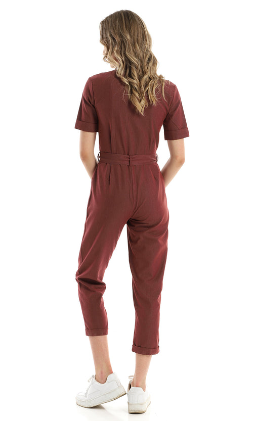Classic Collar Patterned Burgundy Belted Jumpsuit - 97110