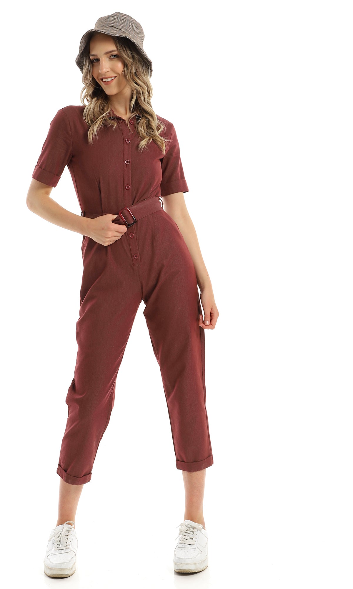 97110 Classic Collar Patterned Burgundy Jumpsuit