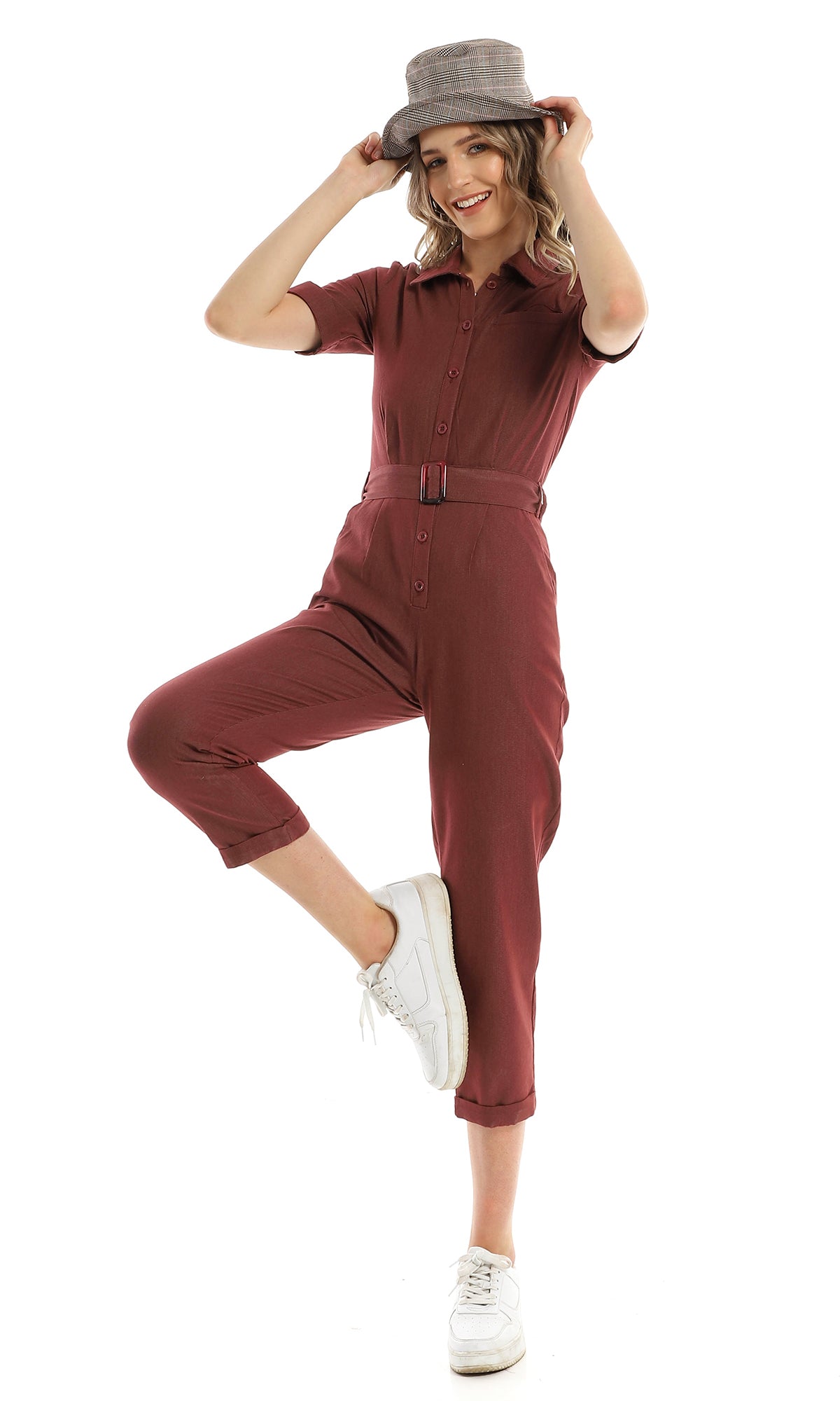 97110 Classic Collar Patterned Burgundy Jumpsuit