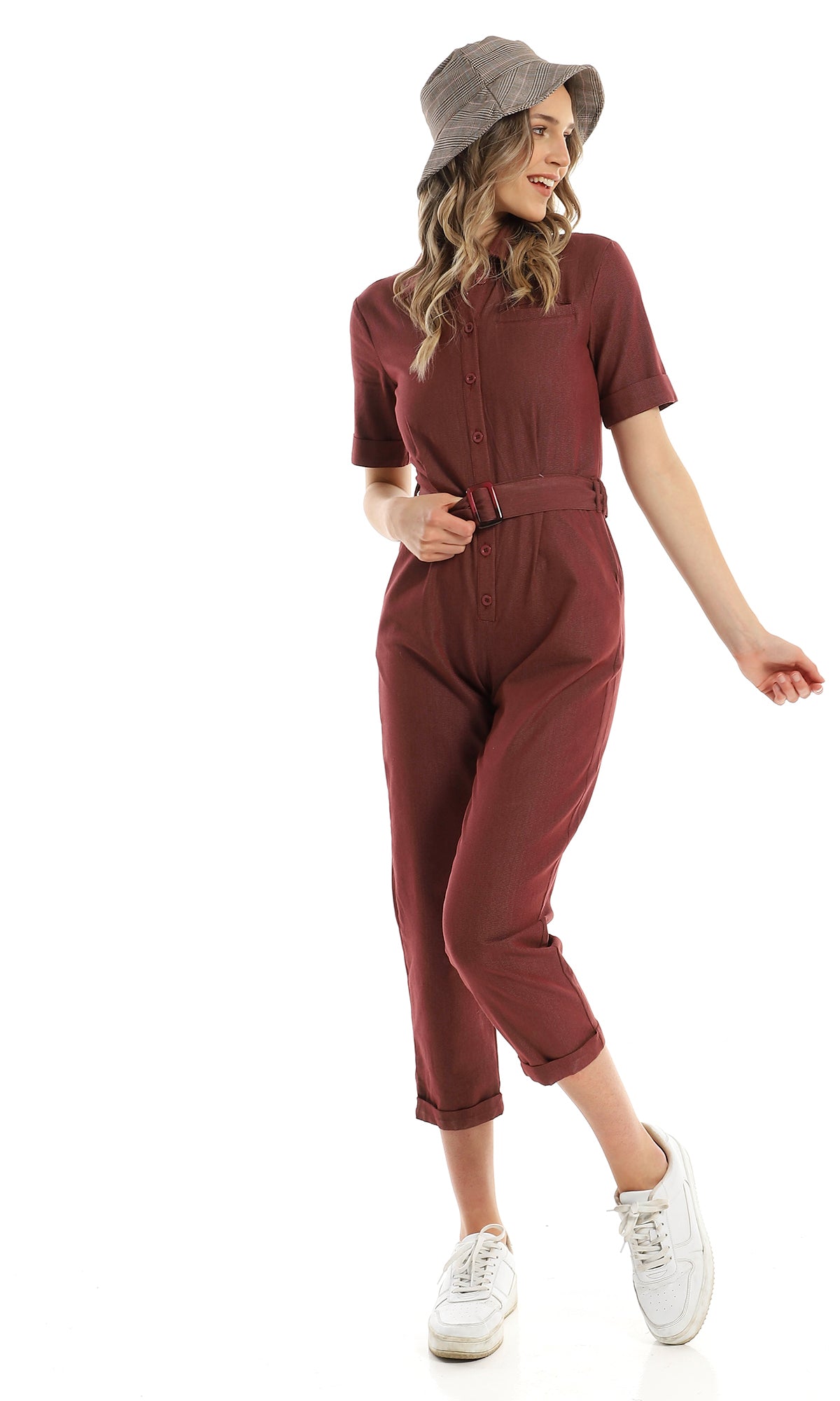 97110 Classic Collar Patterned Burgundy Jumpsuit