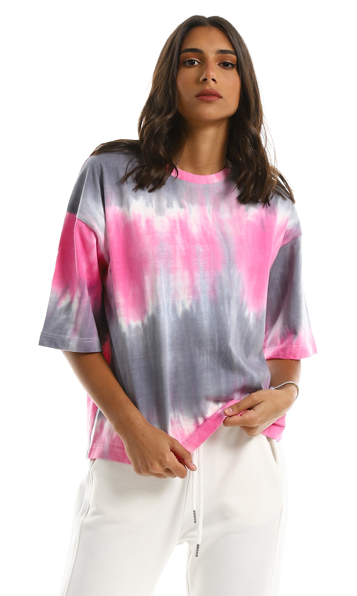 Pink & Grey Tie-Dye Oversized Crew Neck T-Shirt - 97151