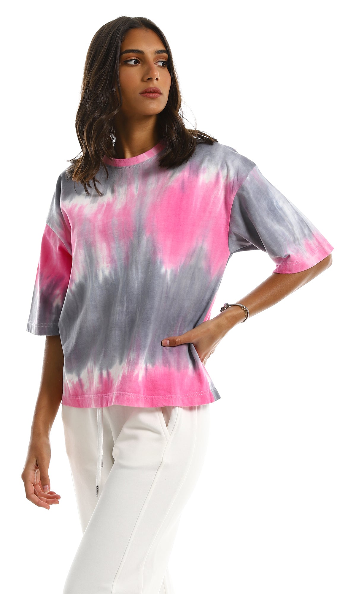 Pink & Grey Tie-Dye Oversized Crew Neck T-Shirt - 97151