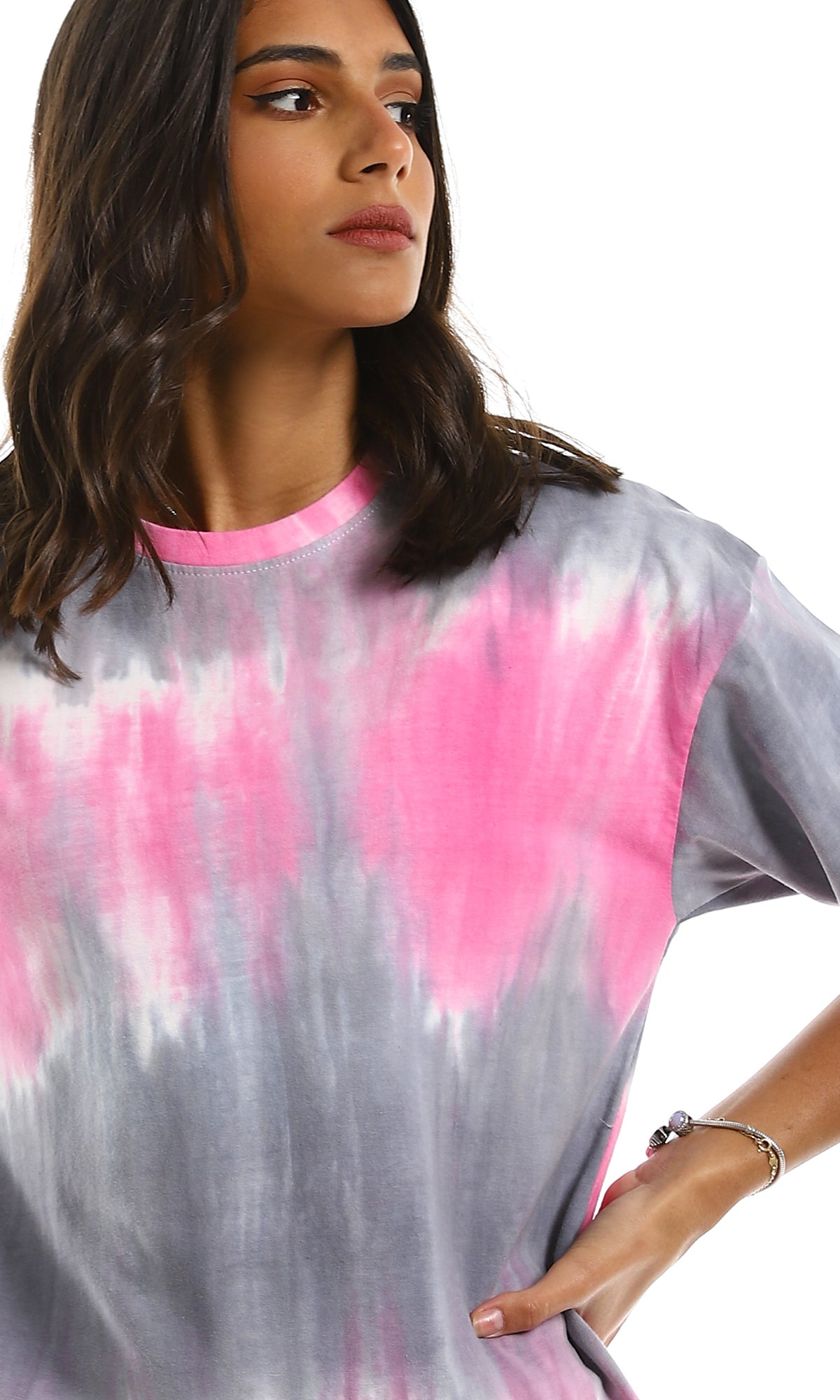 Pink & Grey Tie-Dye Oversized Crew Neck T-Shirt - 97151