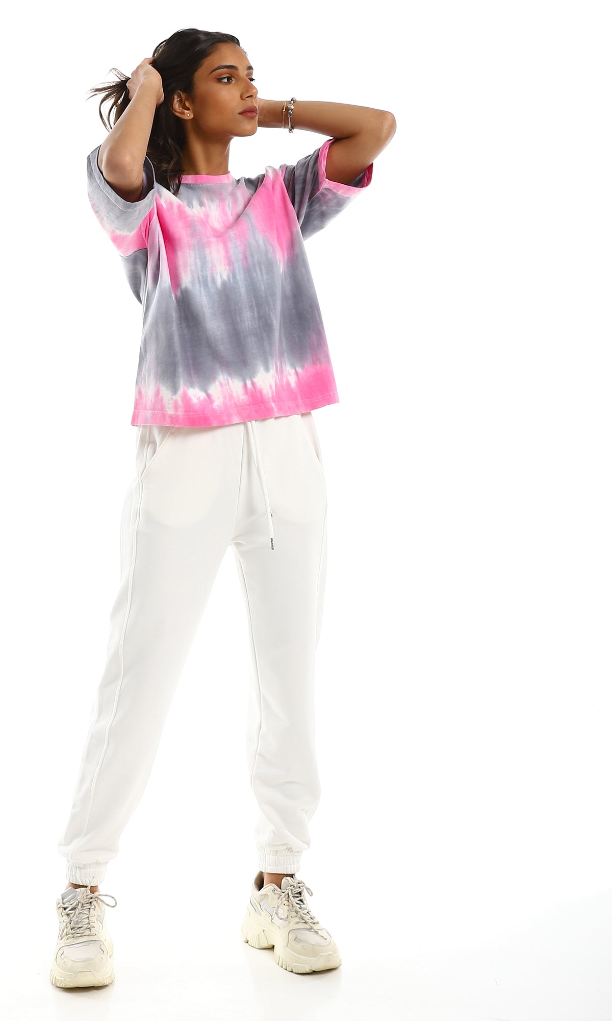 Pink & Grey Tie-Dye Oversized Crew Neck T-Shirt - 97151