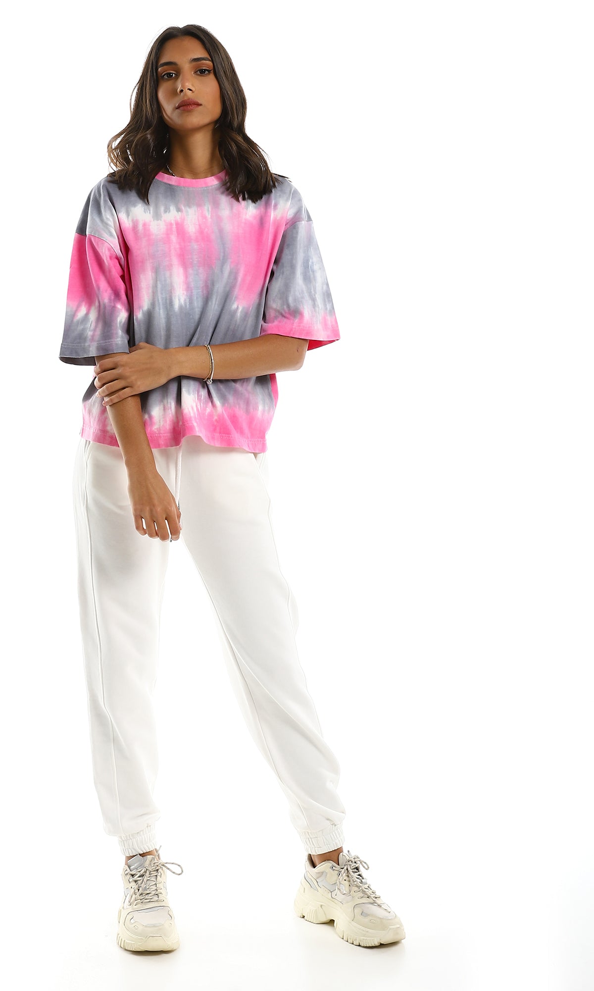 Pink & Grey Tie-Dye Oversized Crew Neck T-Shirt - 97151