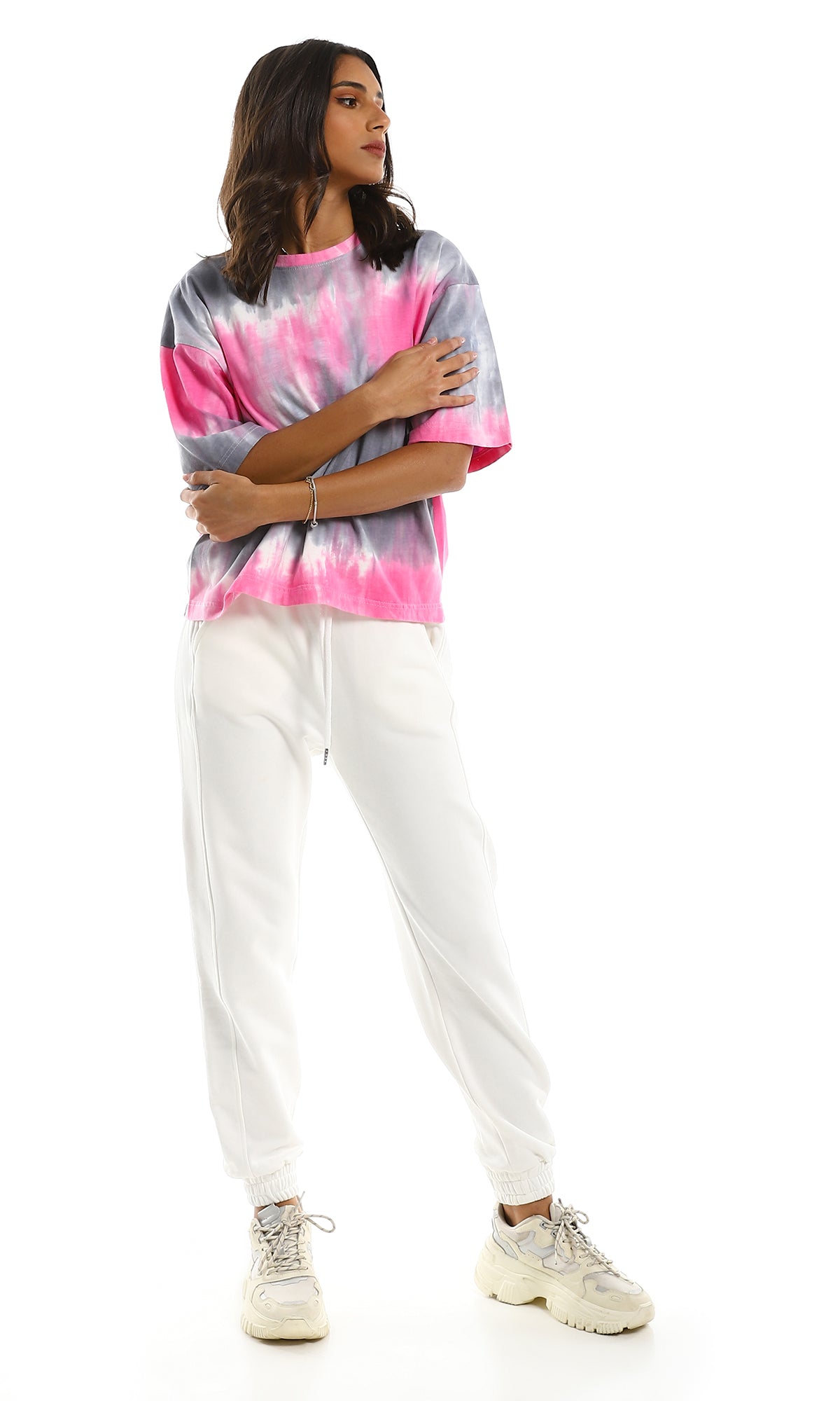 Pink & Grey Tie-Dye Oversized Crew Neck T-Shirt - 97151