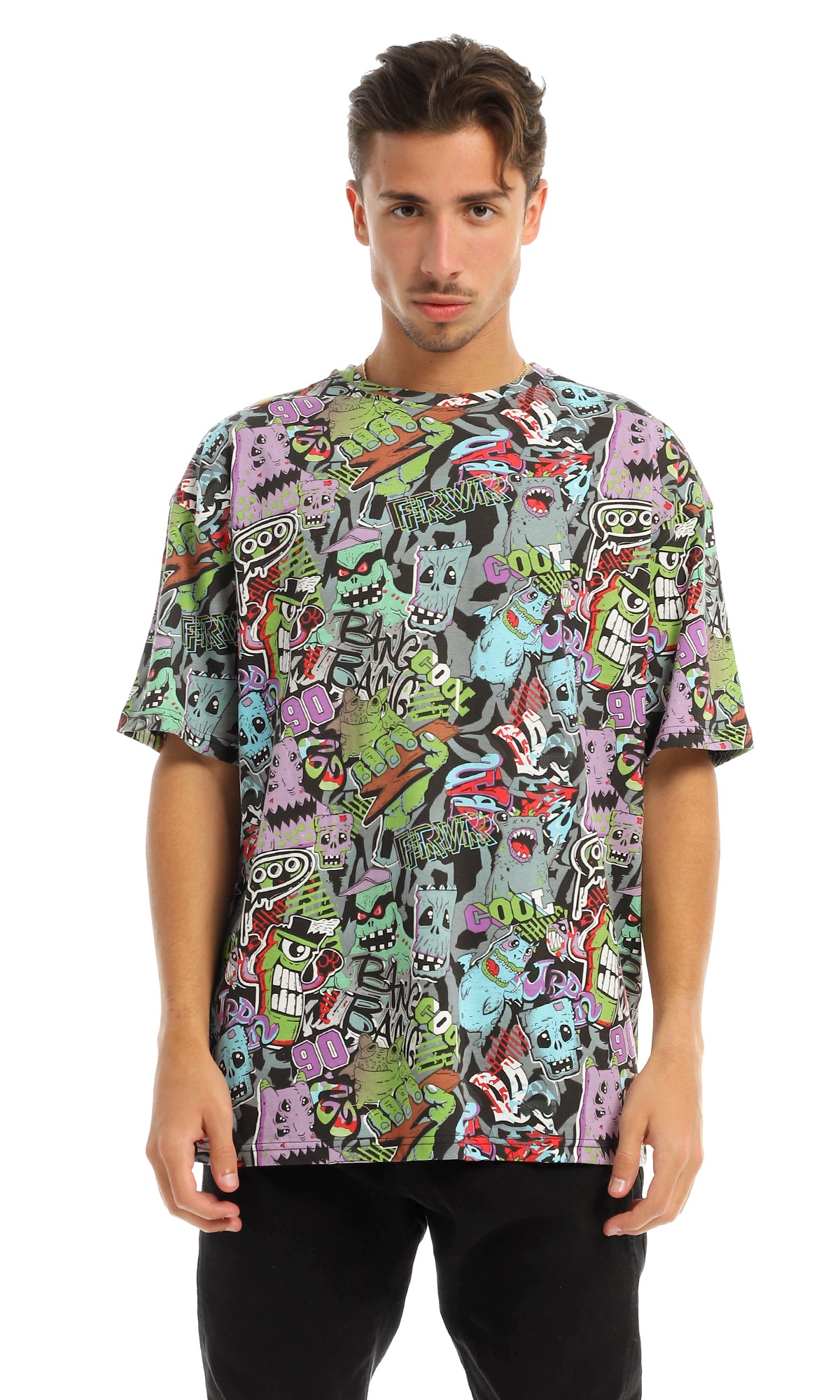 All-Over 90s Doodle Print Oversized T-Shirt - 97156