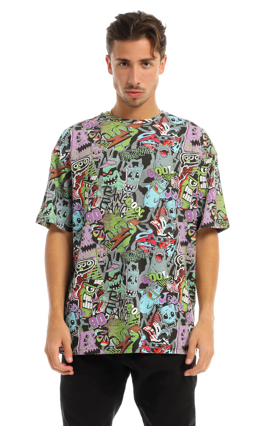 97156 Multi-Patterned Loose Round Multicolour T-Shirt