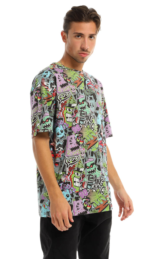 97156 Multi-Patterned Loose Round Multicolour T-Shirt